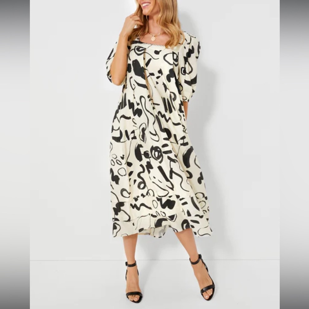 HUNTER BELL Linen Abstract Ink Line Waverly Lagenlook Dress Black White-womens L
